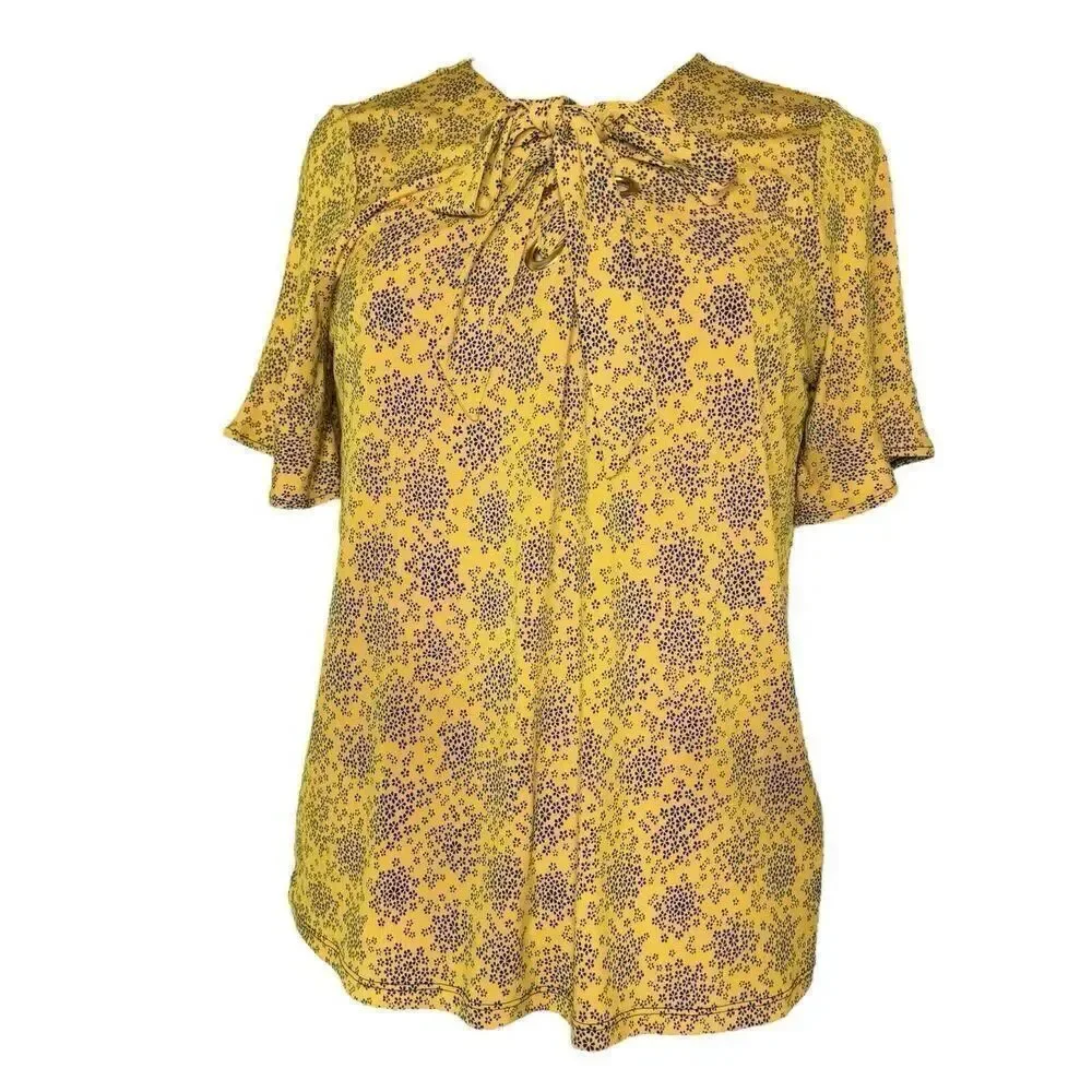 Michael Kors Sz M Floral Tie Flare Sleeve Popover Tunic Blouse Shirt Gold HW